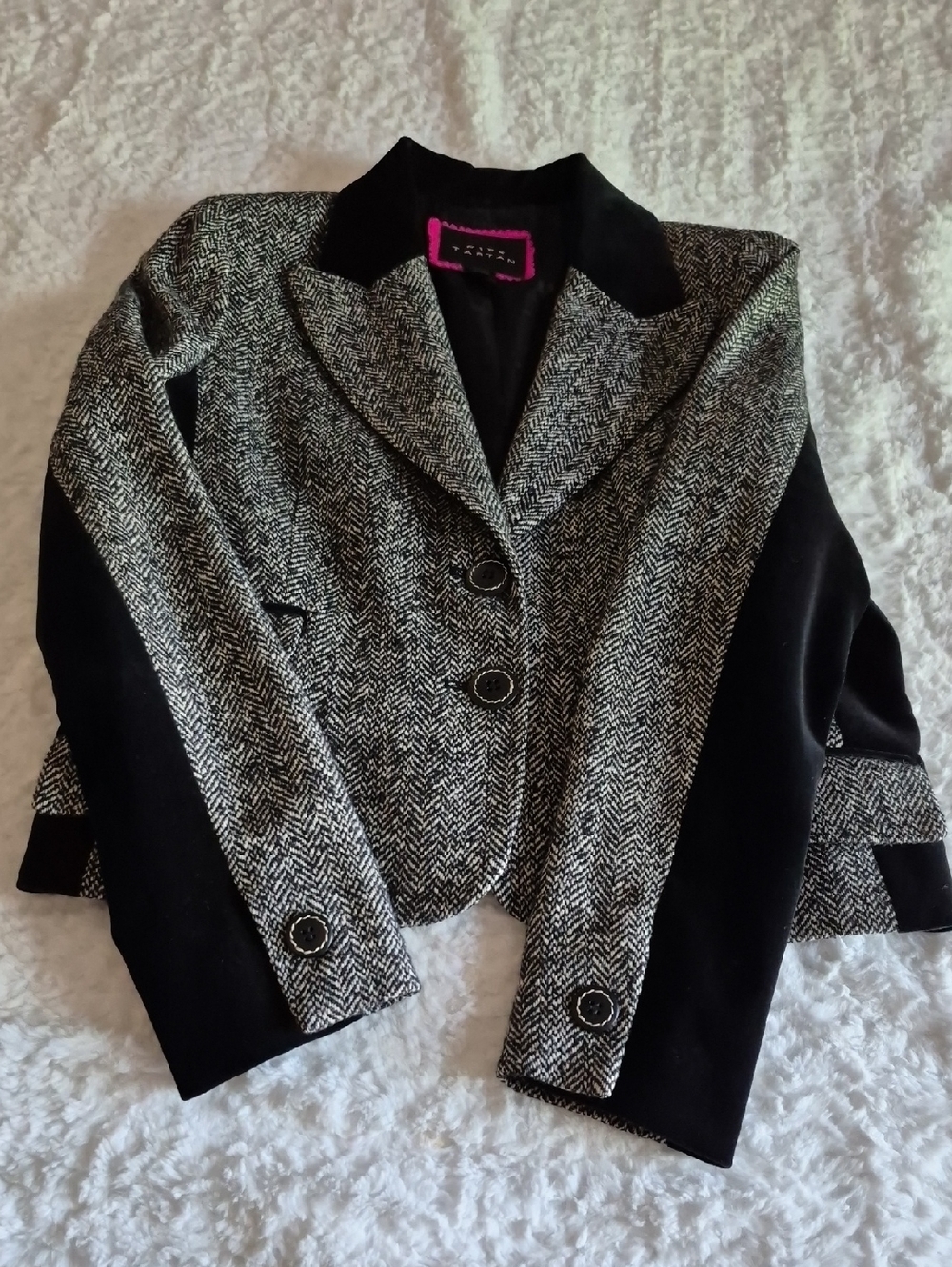 Pink Tartan Black & White Herringbone Blazer  with Velvet Contrast Trim